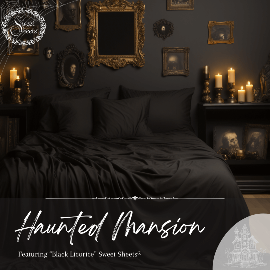 Haunted Mansion Halloween Bedroom Decor with black bed sheets